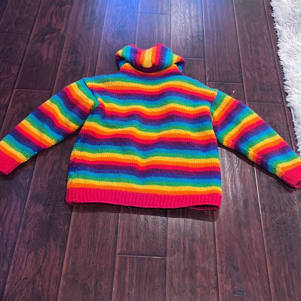Ishka Rainbow Striped Wool Fleece Lined Zip Hoodie Sweater Handmade Nepal M READ - Picture 13 of 14